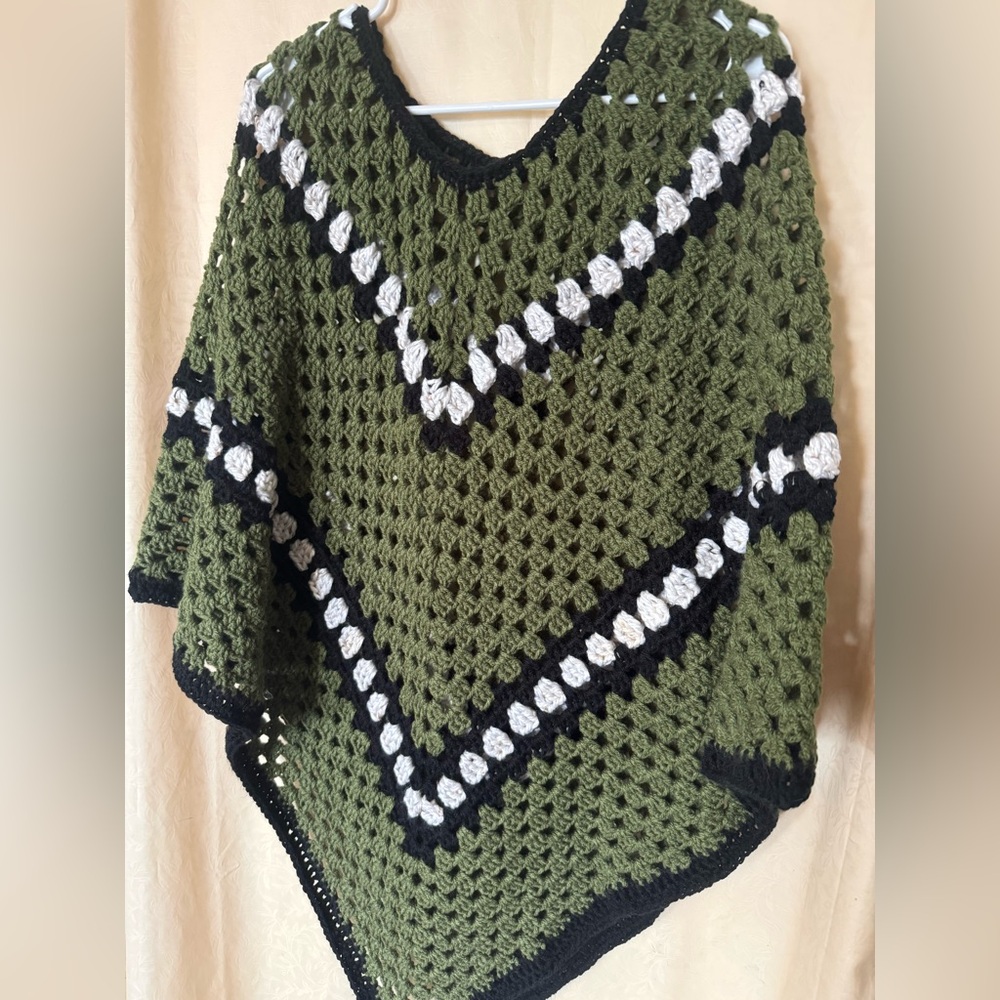 Crochet Poncho, Women’s size Large Handmade Army Green Color Crochet Poncho - Picture 3 of 6